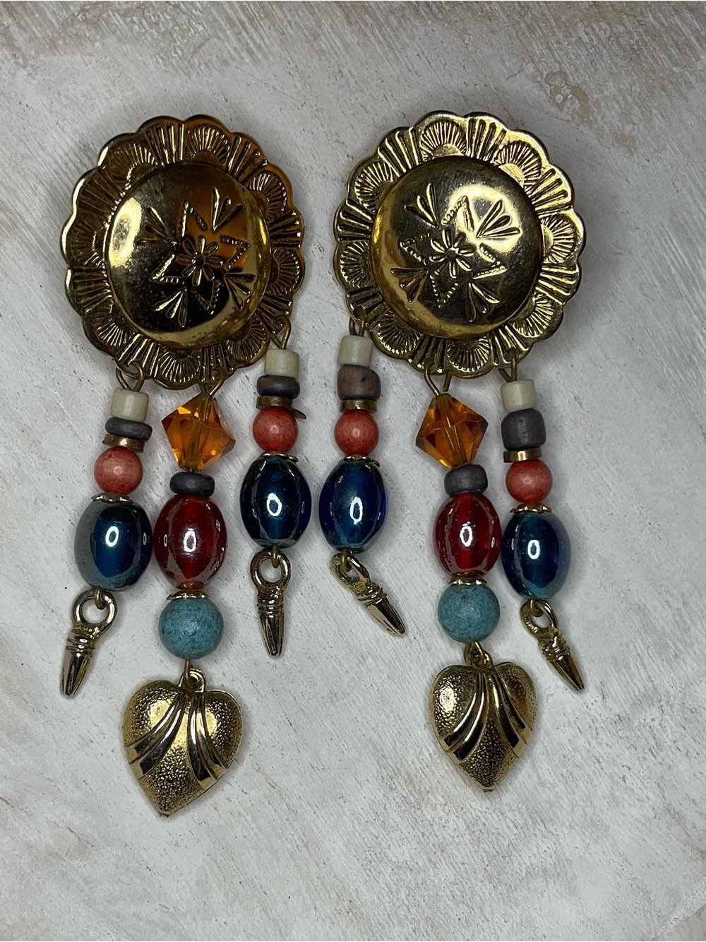 VTG Southwestern Concho Heart Fringe Drop Earrings - Picture 3 of 4